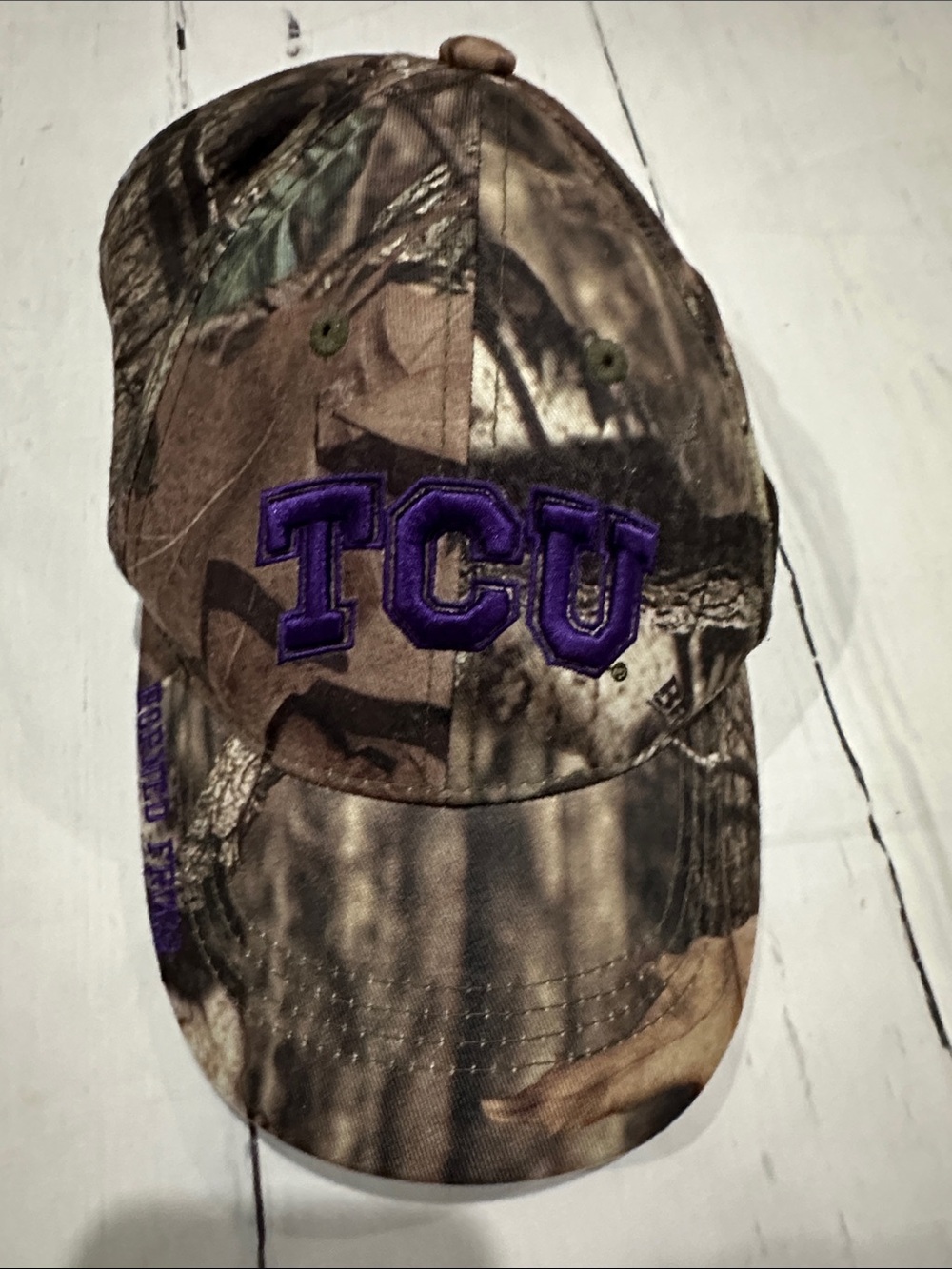 Russell Athletic TCU Camo Baseball Cap - Brown & Green with Purple Embroidery